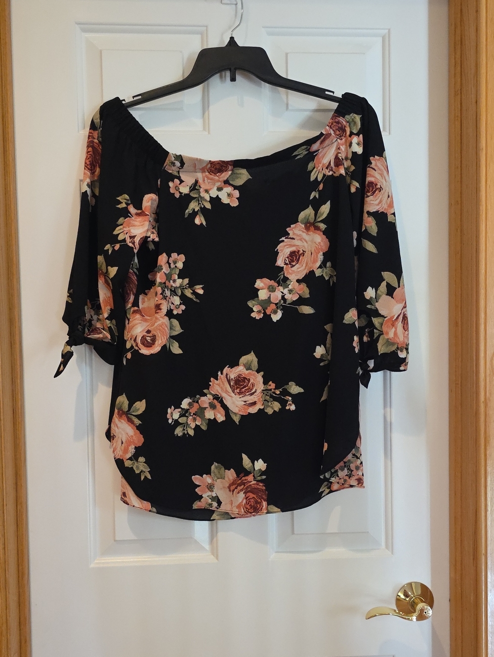 Black Floral Off-Shoulder Blouse with Tie Sleeves